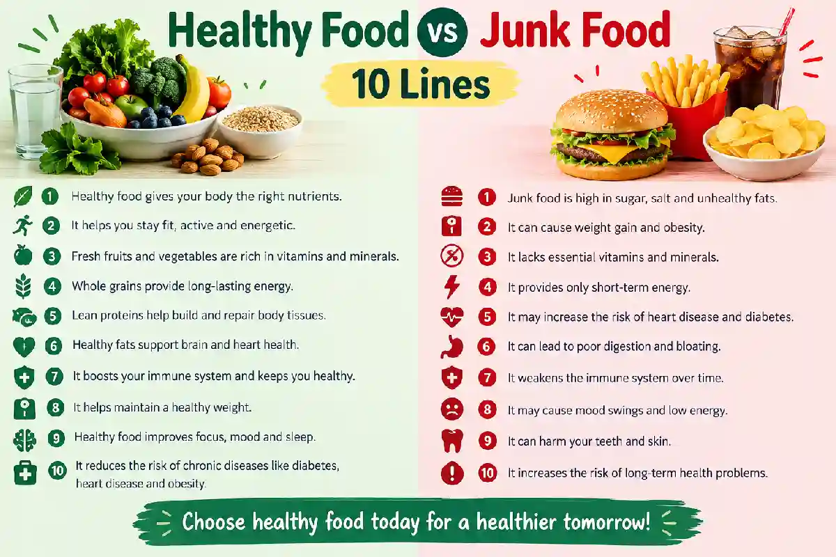 healthy food vs junk food 10 lines